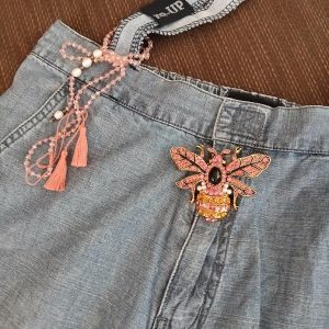 B7 Up-cycled large Denim bag with tassel & brooch