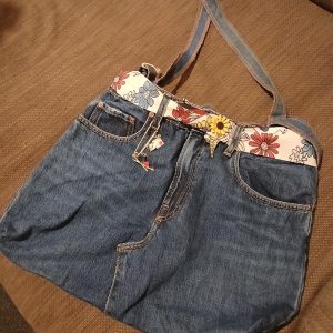 B6 Up-cycled denim bag with tie-belt and charms